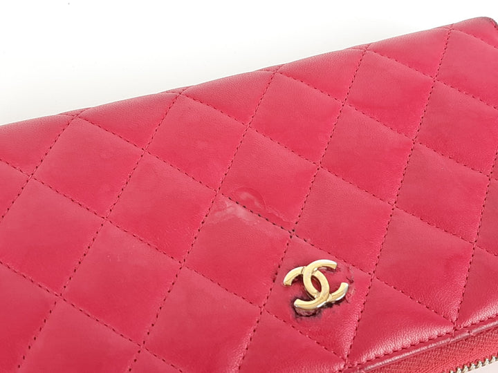CHANEL Matelasse Quilted Pink Leather Zip Around Long Wallet CC Logo Used9