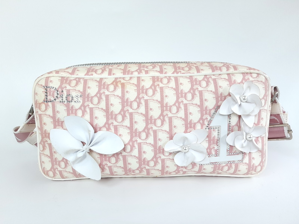 Christian Dior Trotter Canvas Shoulder Bag Pink Silver Shoulder Strap1