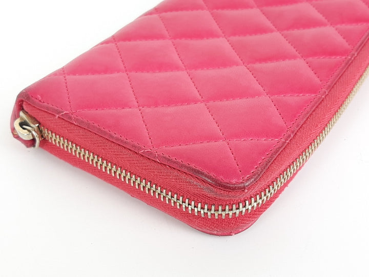 CHANEL Matelasse Quilted Pink Leather Zip Around Long Wallet CC Logo Used6