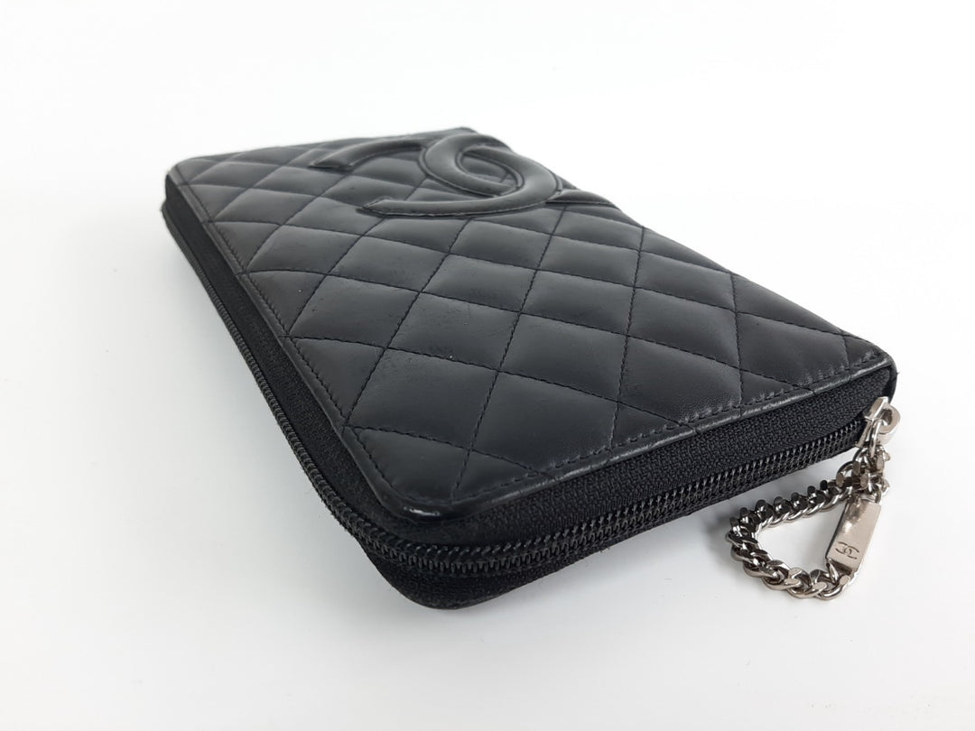 CHANEL Cambon Long Wallet Lambskin Black x Black Pink3