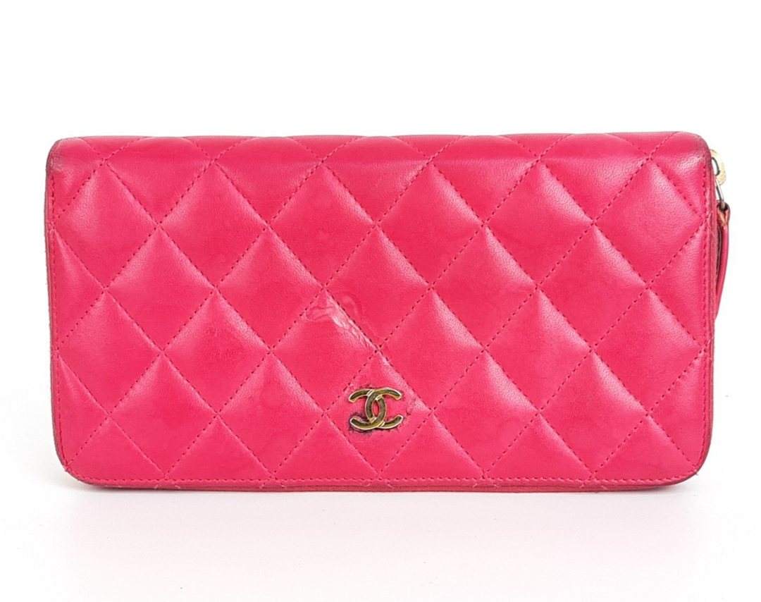 CHANEL Matelasse Quilted Pink Leather Zip Around Long Wallet CC Logo Used0