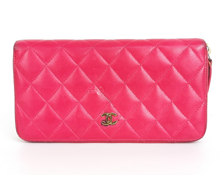 CHANEL Matelasse Quilted Pink Leather Zip Around Long Wallet CC Logo Used0