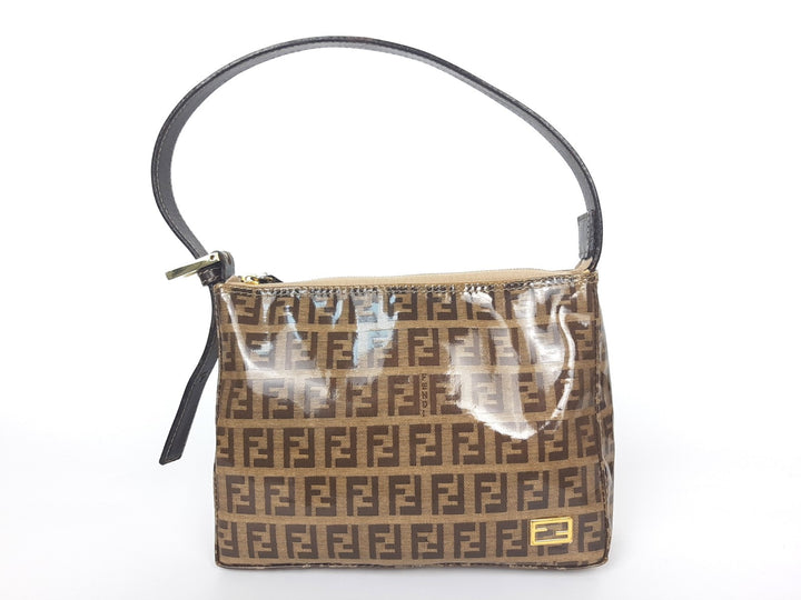 FENDI Zucchino Vinyl PVC Shoulder Bag Brown Mini Pochette FF Monogram0