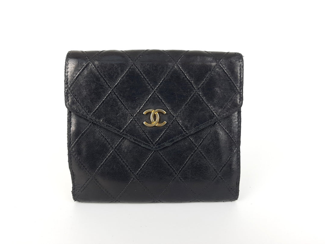 Chanel Bicolore Quilted Leather Folding Wallet Black CC Logo Silver0