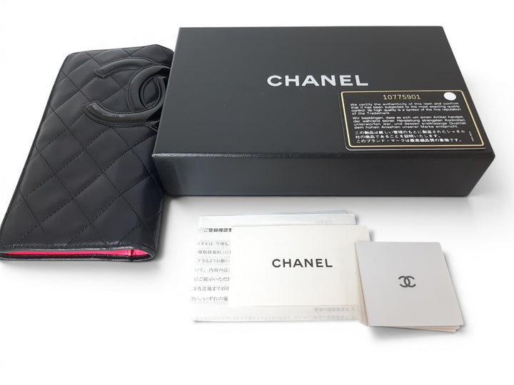 CHANEL Cambon Long Wallet Lambskin White x Black Pink Guarantee Box13