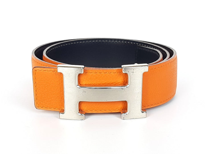 HERMES Constance H Buckle Belt Reversible Leather Orange Black Silver Size 70 R0