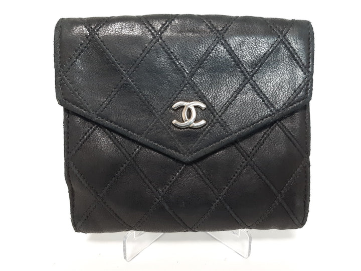 Chanel Quilted Leather Folding Wallet Black CC Logo Silver Guarantee Card3