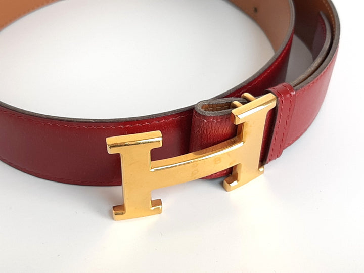 HERMES Constance H Buckle Belt Reversible Leather Red Brown Silver Size 652