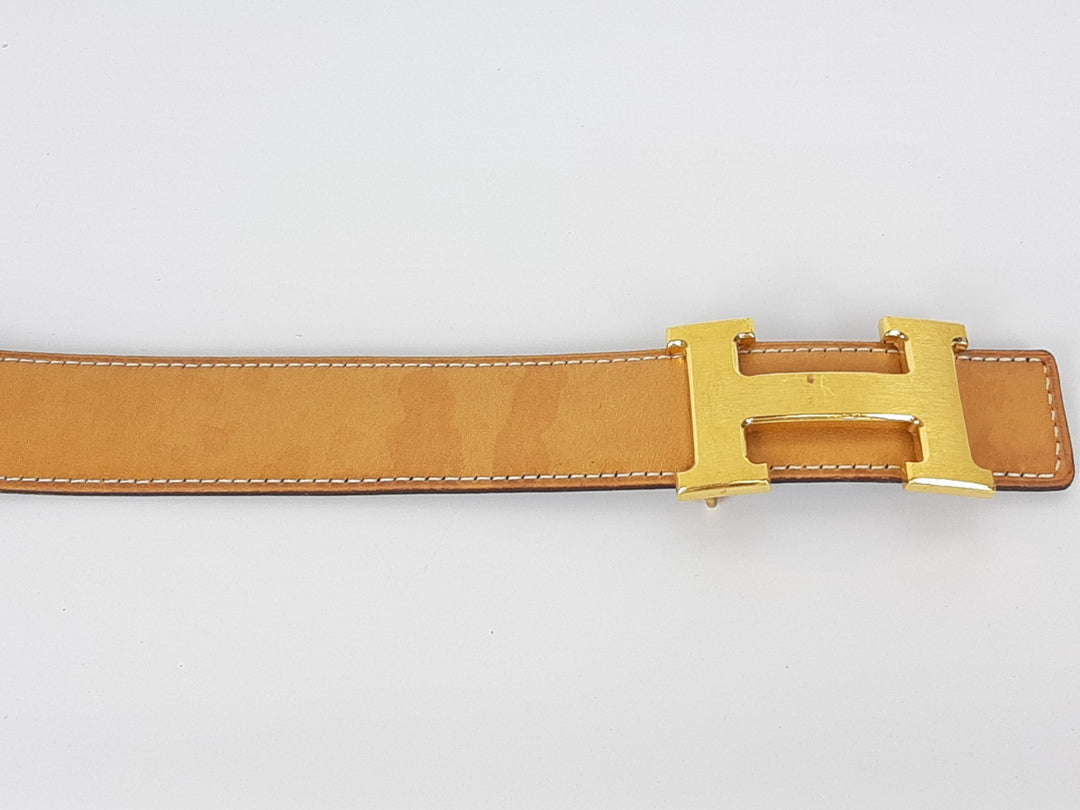HERMES Constance H Buckle Belt Reversible Leather Camel Brown Gold Size 802