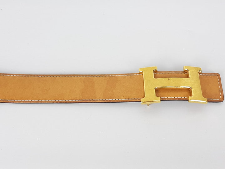 HERMES Constance H Buckle Belt Reversible Leather Camel Brown Gold Size 802