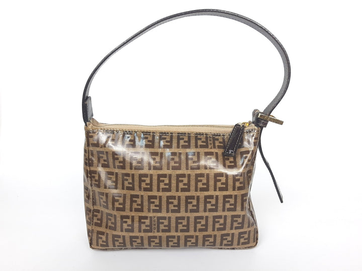 FENDI Zucchino Vinyl PVC Shoulder Bag Brown Mini Pochette FF Monogram1