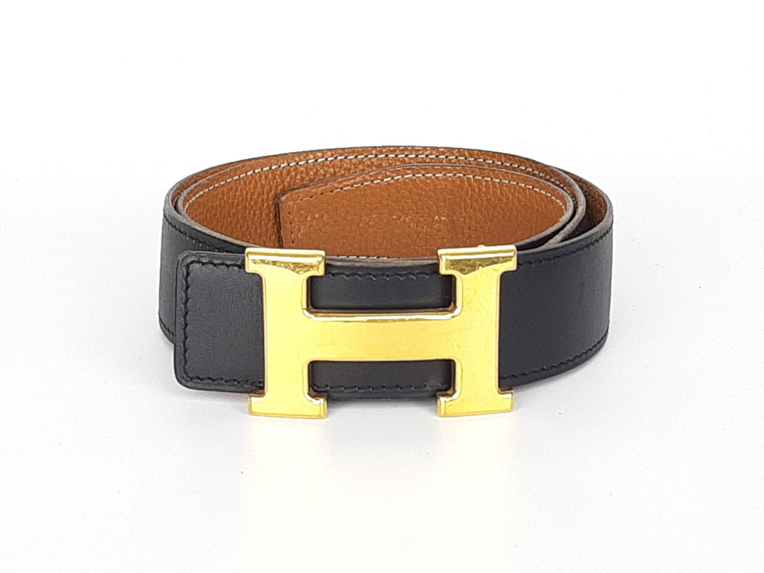 HERMES Constance H Buckle Belt Reversible Leather Orange Black Silver Size 750