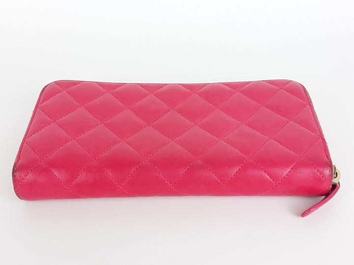 CHANEL Matelasse Quilted Pink Leather Zip Around Long Wallet CC Logo Used4