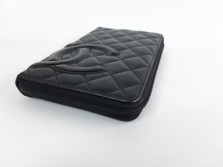 CHANEL Cambon Long Wallet Lambskin Black x Black Pink2