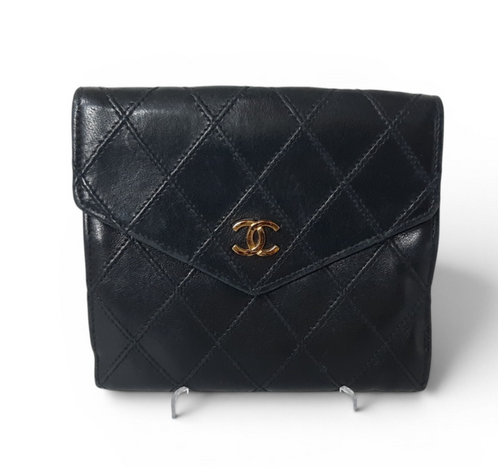 Chanel Bicolore Quilted Leather Folding Wallet Black CC Logo Silver Guarantee0