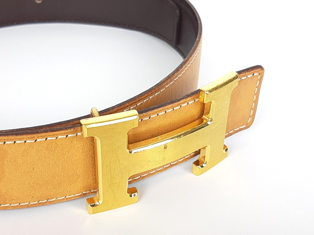 HERMES Constance H Buckle Belt Reversible Leather Camel Brown Gold Size 801