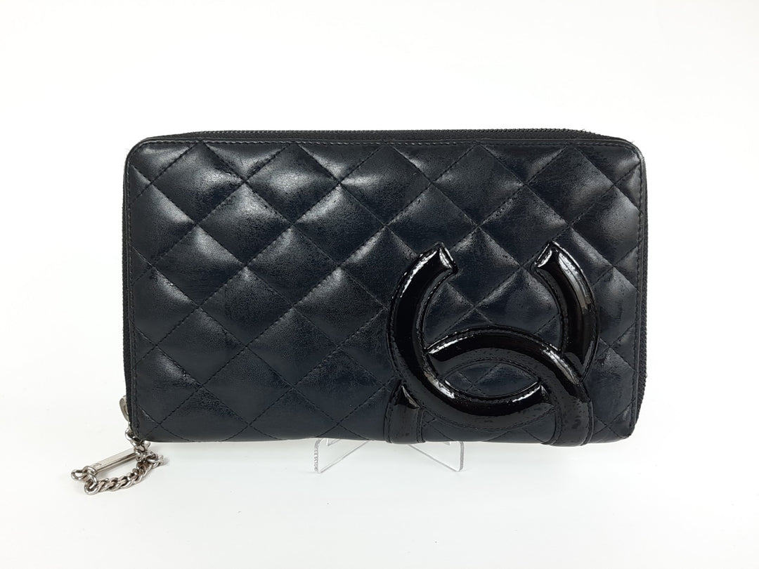 CHANEL Cambon Long Wallet Lambskin Black x Black Pink0