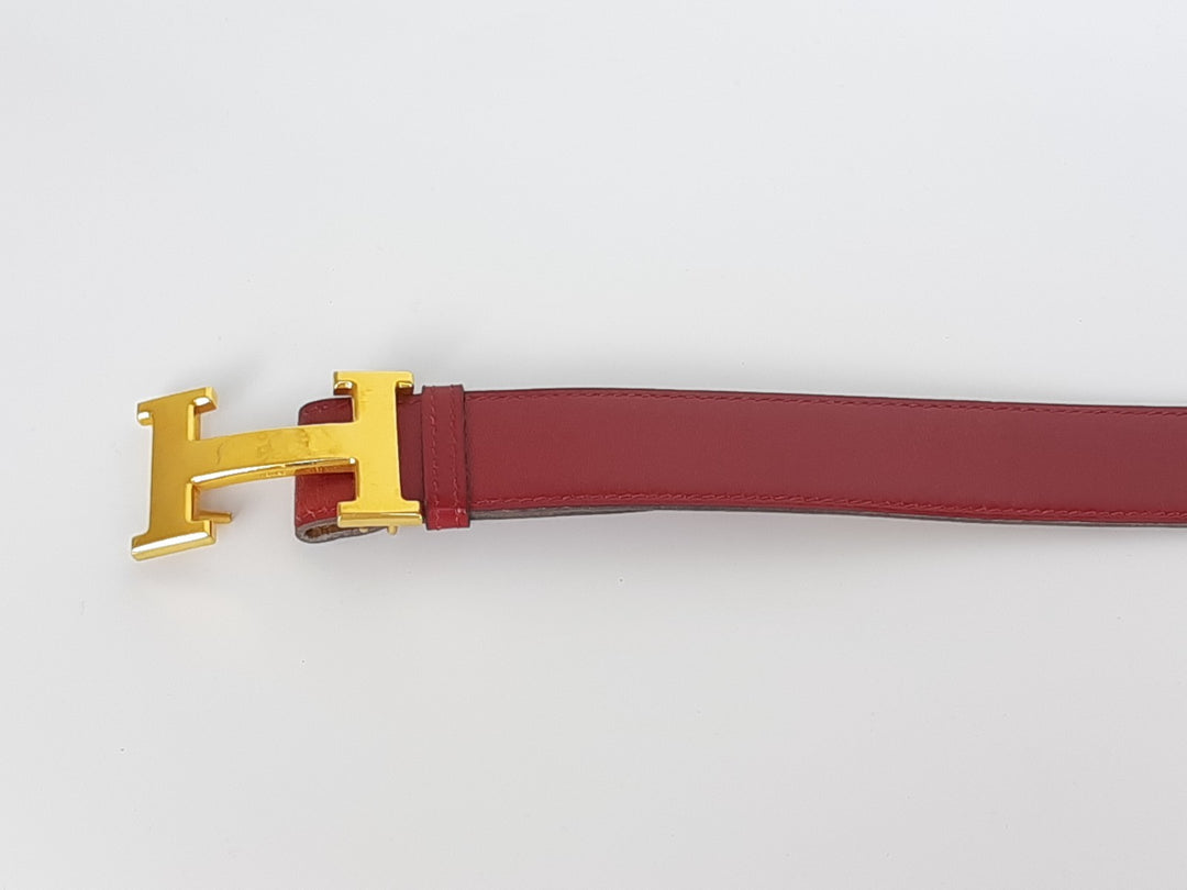 HERMES Constance H Buckle Belt Reversible Leather Red Brown Silver Size 653