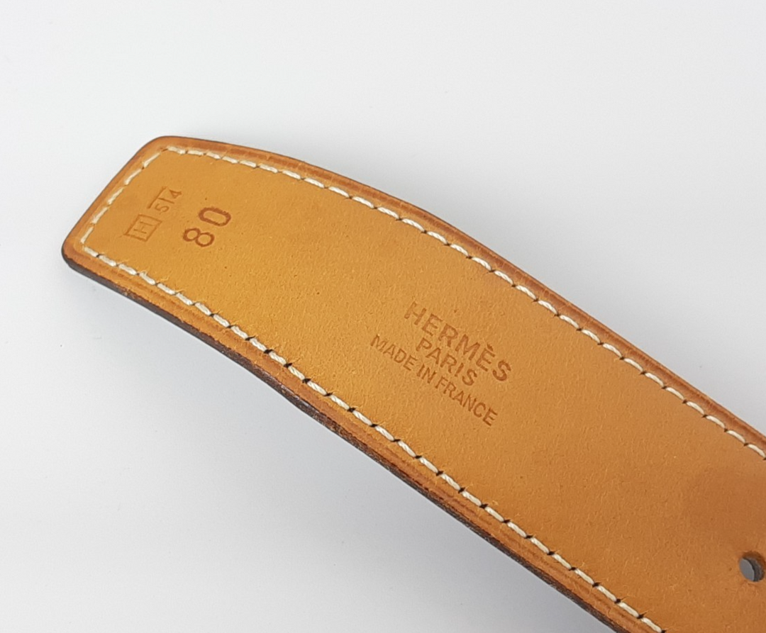 HERMES Constance H Buckle Belt Reversible Leather Camel Brown Gold Size 806