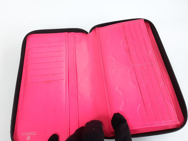 CHANEL Cambon Long Wallet Lambskin Black x Black Pink5