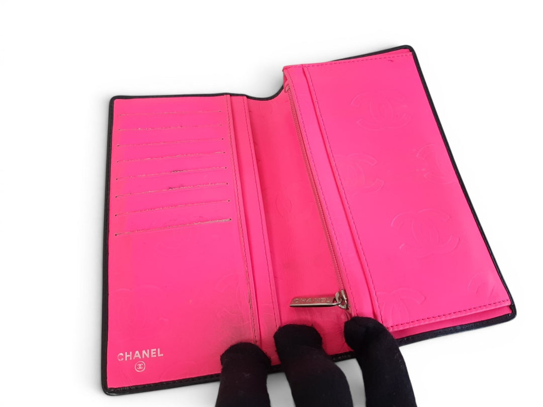 CHANEL Cambon Long Wallet Lambskin White x Black Pink6