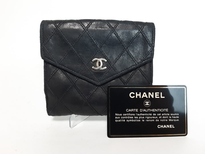Chanel Quilted Leather Folding Wallet Black CC Logo Silver Guarantee Card0