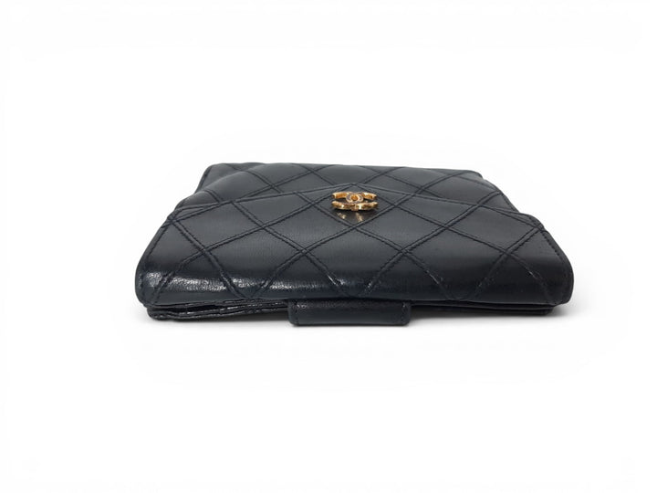 Chanel Bicolore Quilted Leather Folding Wallet Black CC Logo Silver Guarantee2