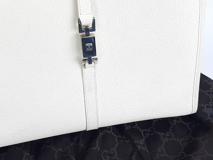 Gucci Jackie GG Canvas Handbag One Shoulder Tote Bag White Silver Hardware4