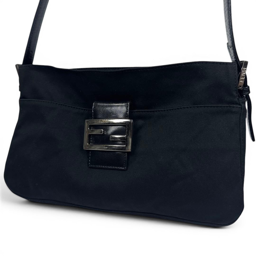 FENDI Zucca Mamma Baguette Shoulder Hand Bag Cotton Leather Black0