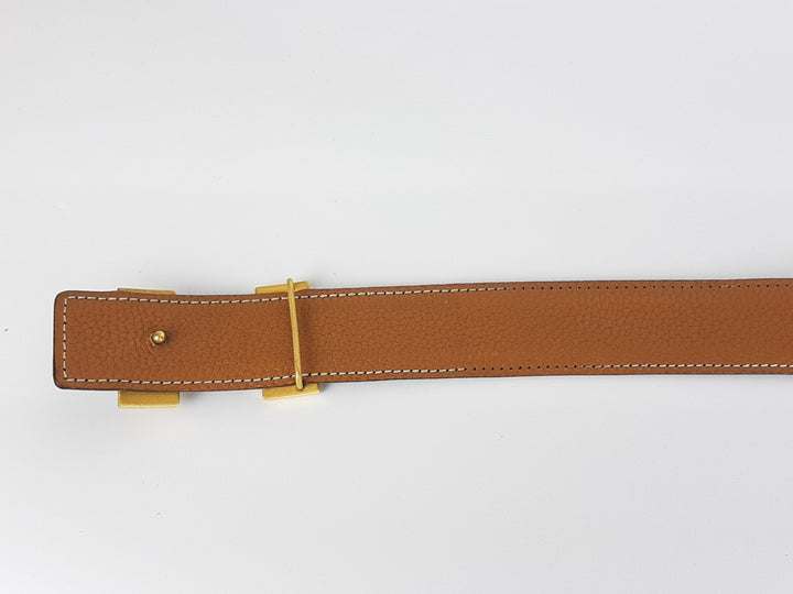 HERMES Constance H Buckle Belt Reversible Leather Orange Black Silver Size 755