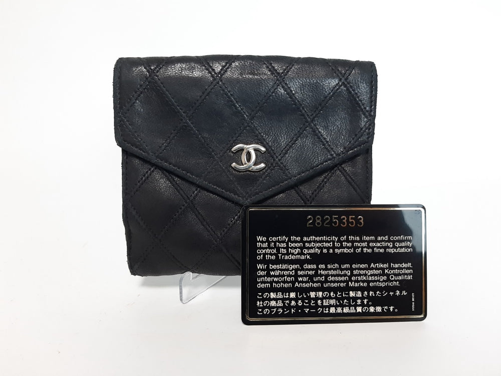 Chanel Quilted Leather Folding Wallet Black CC Logo Silver Guarantee Card1