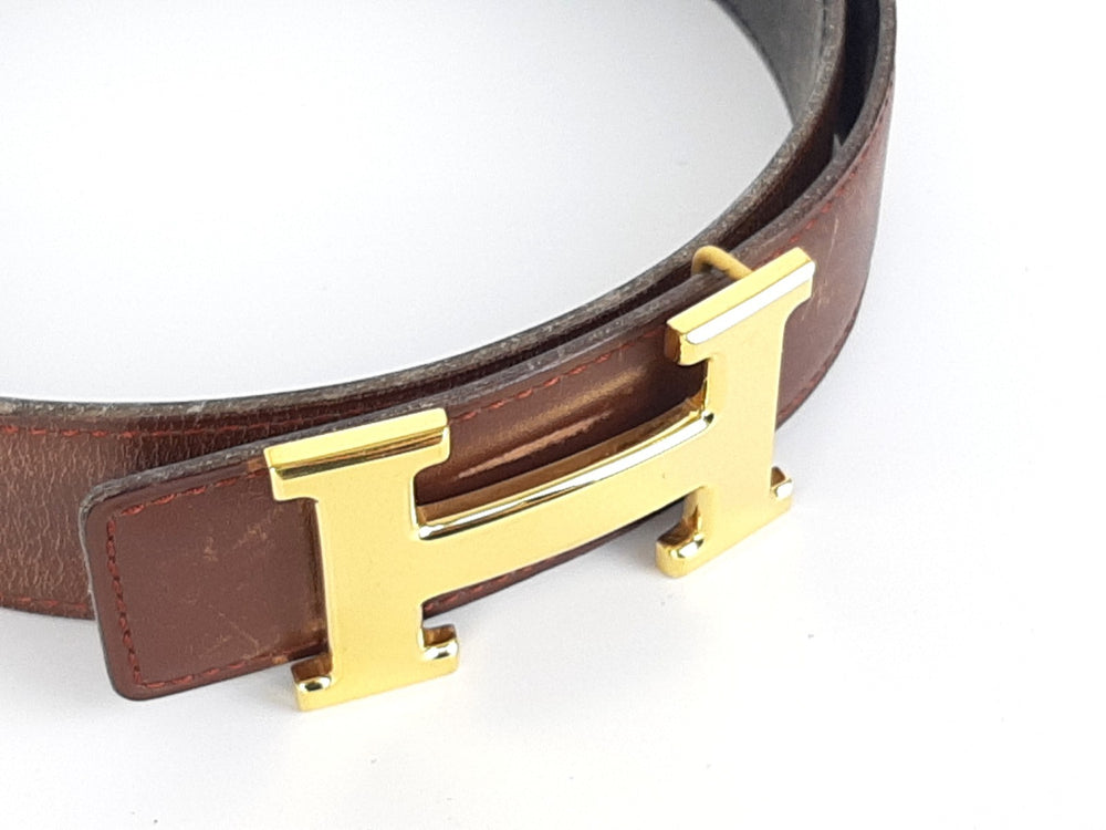 HERMES Constance H Buckle Belt Reversible Leather Brown Black Gold Size 751