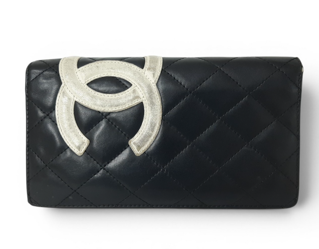 CHANEL Cambon Long Wallet Lambskin White x Black Pink Guarantee0