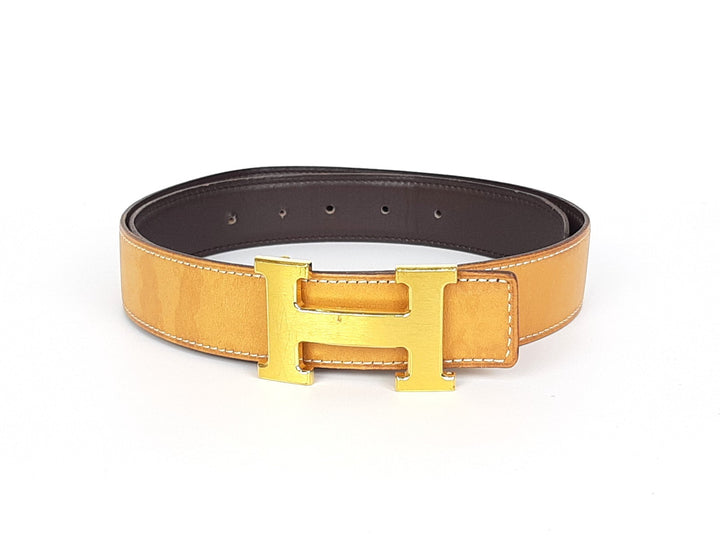 HERMES Constance H Buckle Belt Reversible Leather Camel Brown Gold Size 800