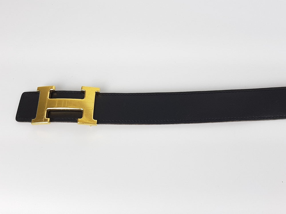HERMES Constance H Buckle Belt Reversible Leather Orange Black Silver Size 751