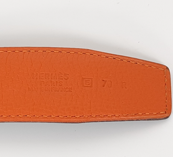 HERMES Constance H Buckle Belt Reversible Leather Orange Black Silver Size 70 R5