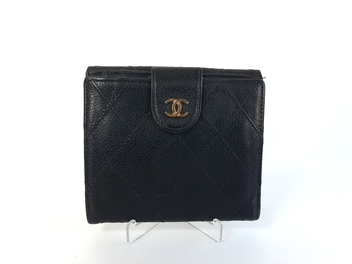 Chanel Bicolore Quilted Leather Folding Wallet Black CC Logo Silver1