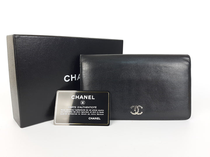 CHANEL CC Logo Black Leather Bifold Long Wallet Silver Hardware with Box0