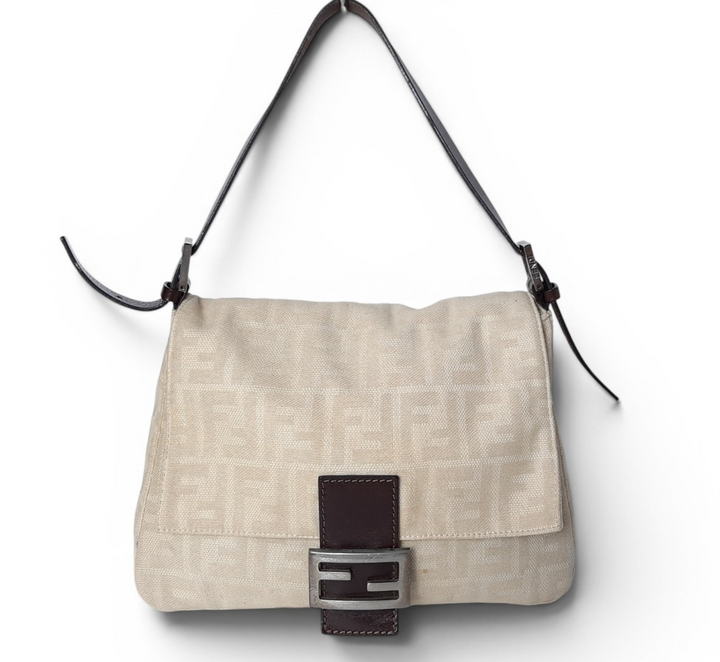FENDI Zucca Mamma Baguette Shoulder Hand Bag Canvas Leather Beige0