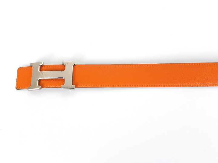 HERMES Constance H Buckle Belt Reversible Leather Orange Black Silver Size 70 R2