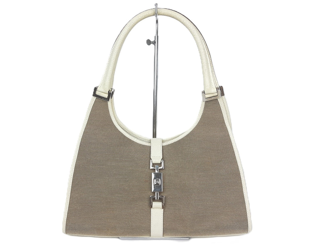 Gucci Jackie GG Canvas Handbag One Shoulder Tote Bag Beige Brown Silver Hardware0
