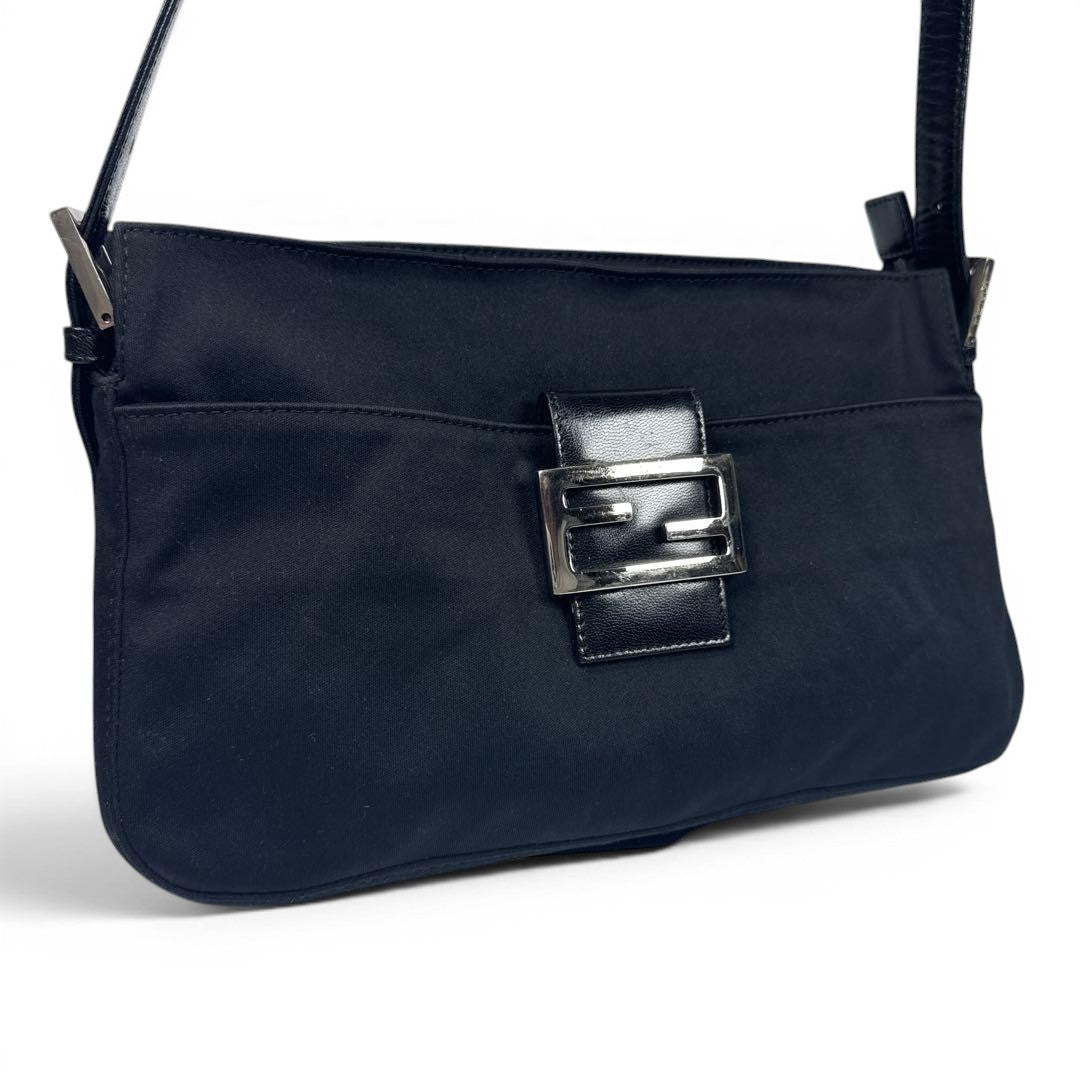 FENDI Zucca Mamma Baguette Shoulder Hand Bag Cotton Leather Black