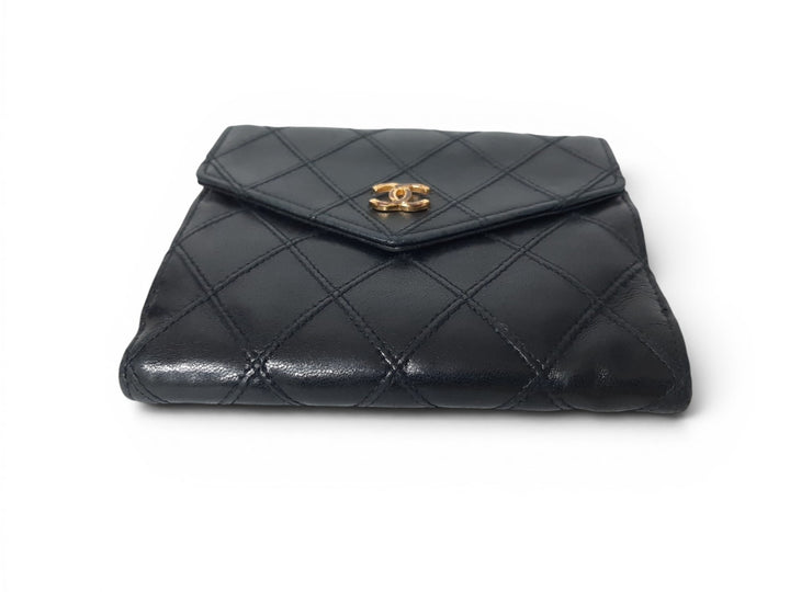 Chanel Bicolore Quilted Leather Folding Wallet Black CC Logo Silver Guarantee5