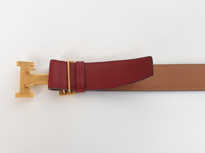 HERMES Constance H Buckle Belt Reversible Leather Red Brown Silver Size 656