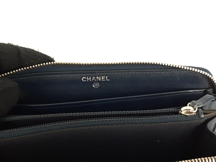CHANEL Matelasse Quilted Navy Bkack Leather Zip Around Long Wallet CC Logo Used12