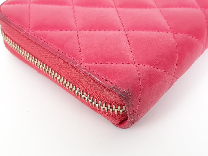 CHANEL Matelasse Quilted Pink Leather Zip Around Long Wallet CC Logo Used3