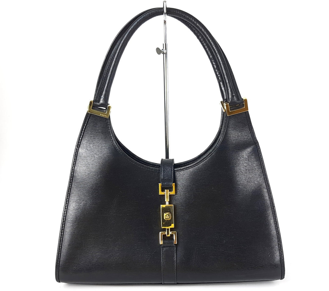 Gucci Jackie GG Leather Handbag One Shoulder Tote Bag Black Gold Hardware0