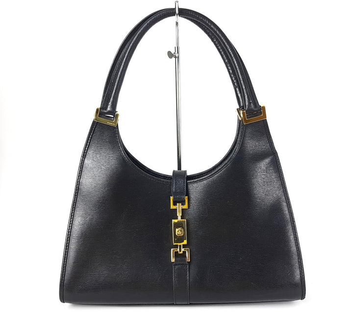 Gucci Jackie GG Leather Handbag One Shoulder Tote Bag Black Gold Hardware0