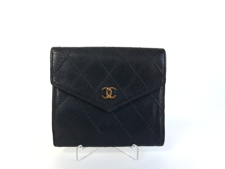 Chanel Bicolore Quilted Leather Folding Wallet Black CC Logo Silver0