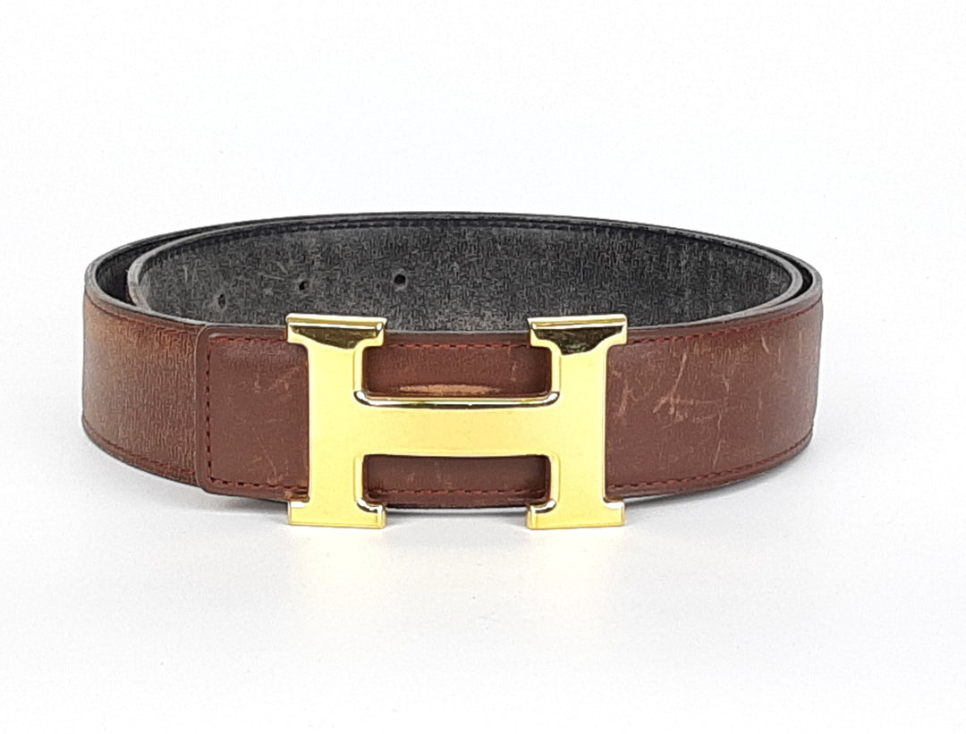 HERMES Constance H Buckle Belt Reversible Leather Brown Black Gold Size 750